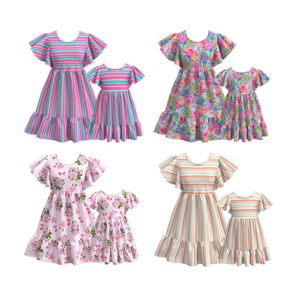 （Pre Order）Summer Floral Stripes Mommy and Me Dress