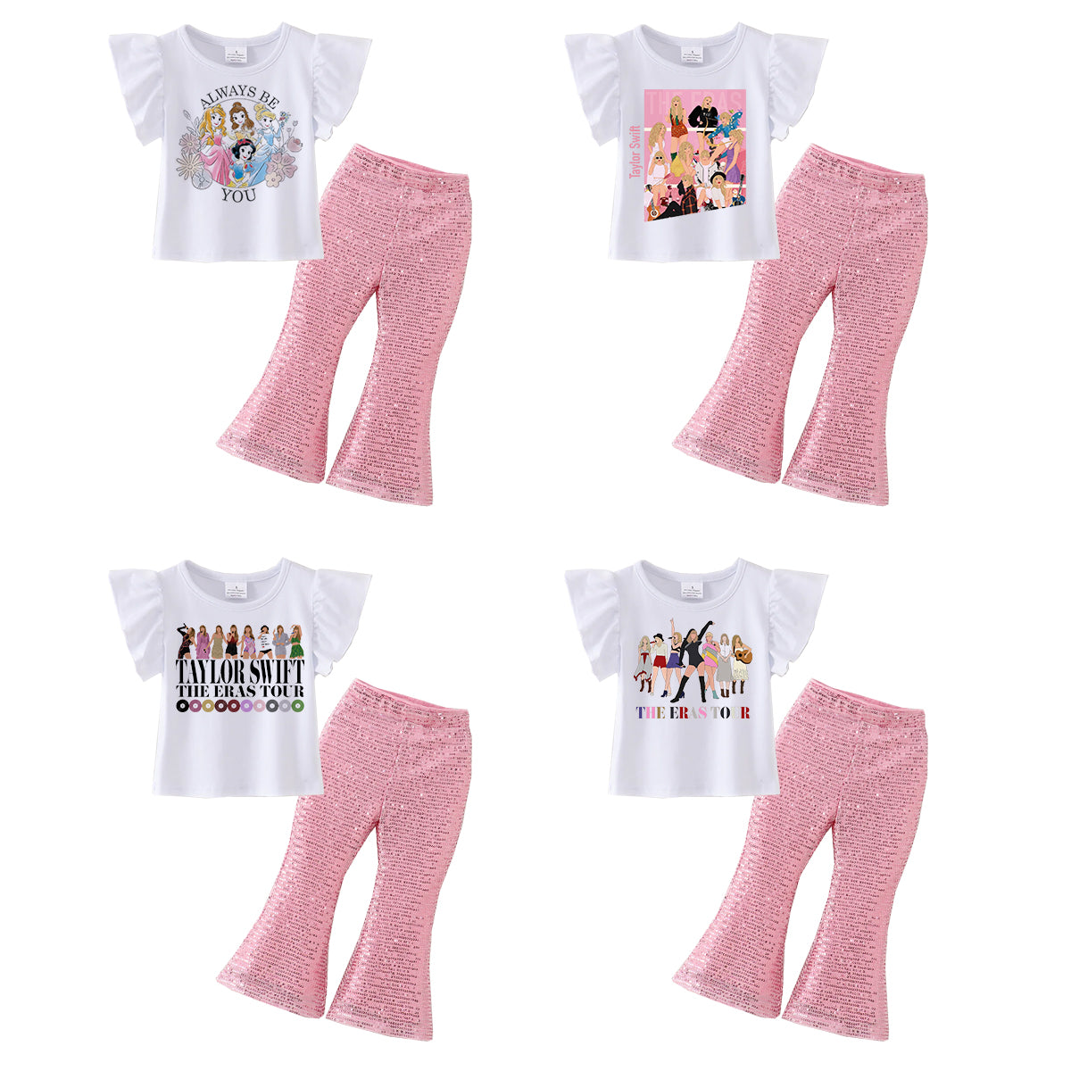 （Pre Order）Girls Cotton Print Top Pink Sequins Flare Pant Set