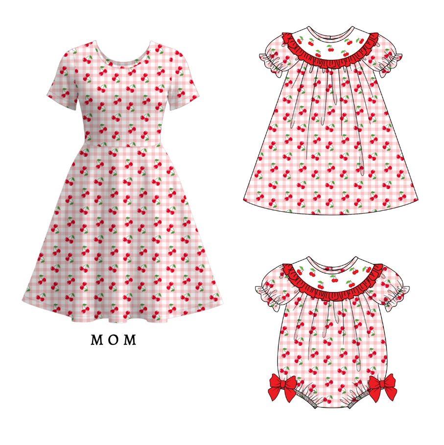 （Pre Order）Mommy and Me Spring＆Summer Cherry Embroidery Smocked Dress,Romper