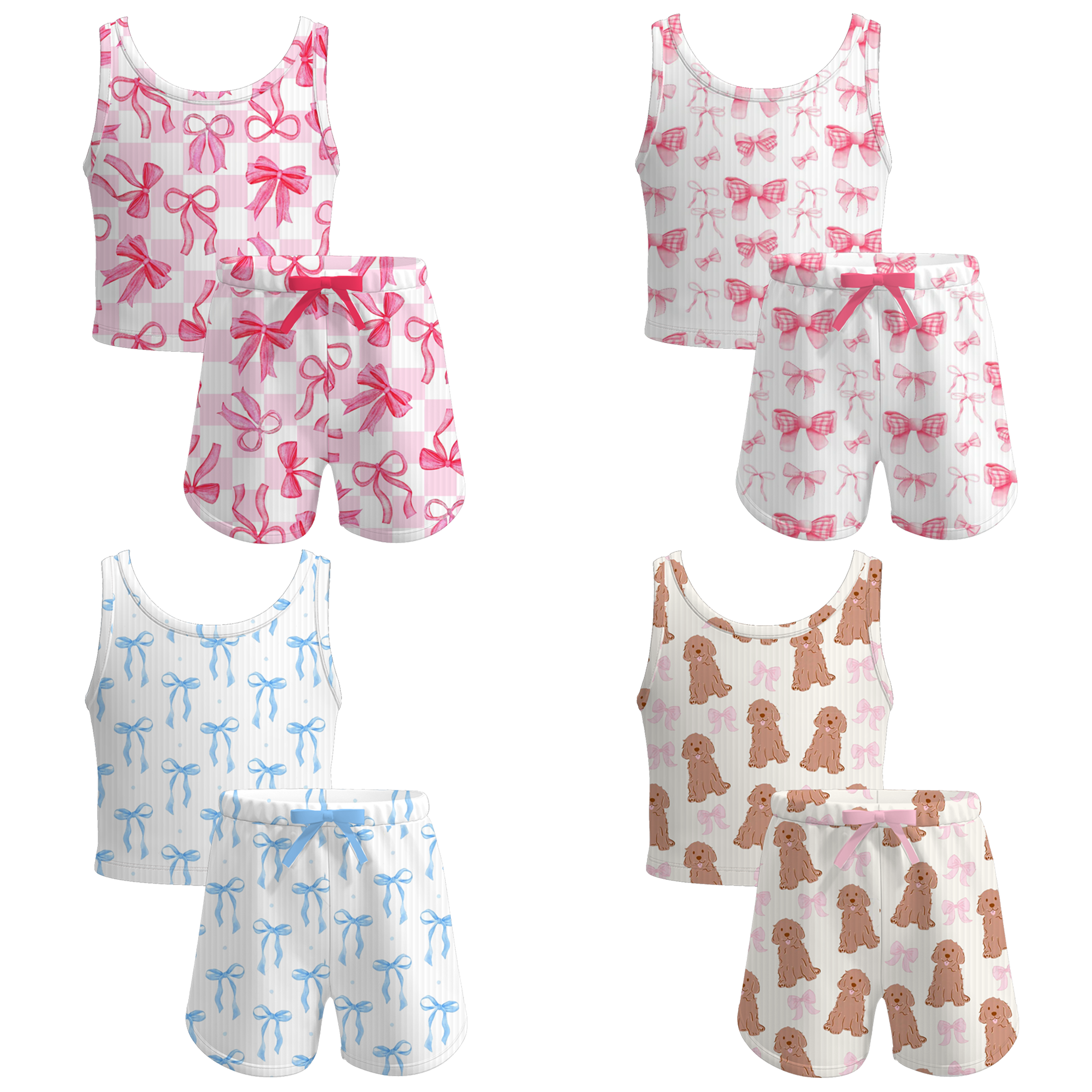 （Pre Order）Girls Spring and Summer Bow＆Puppy Print Twill Shorts Set