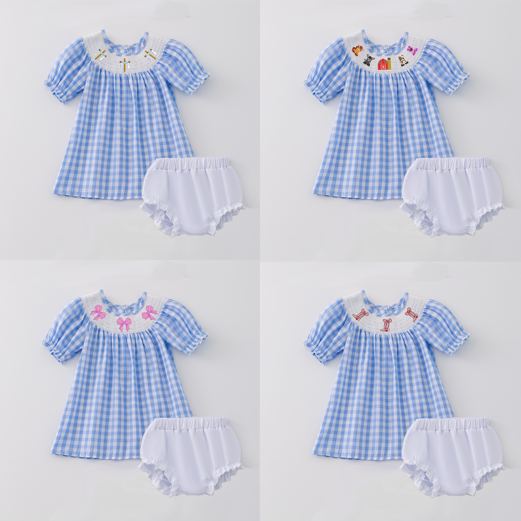 （Pre Order）Baby Girls Farm Embroidery Smocked Bloomer Set