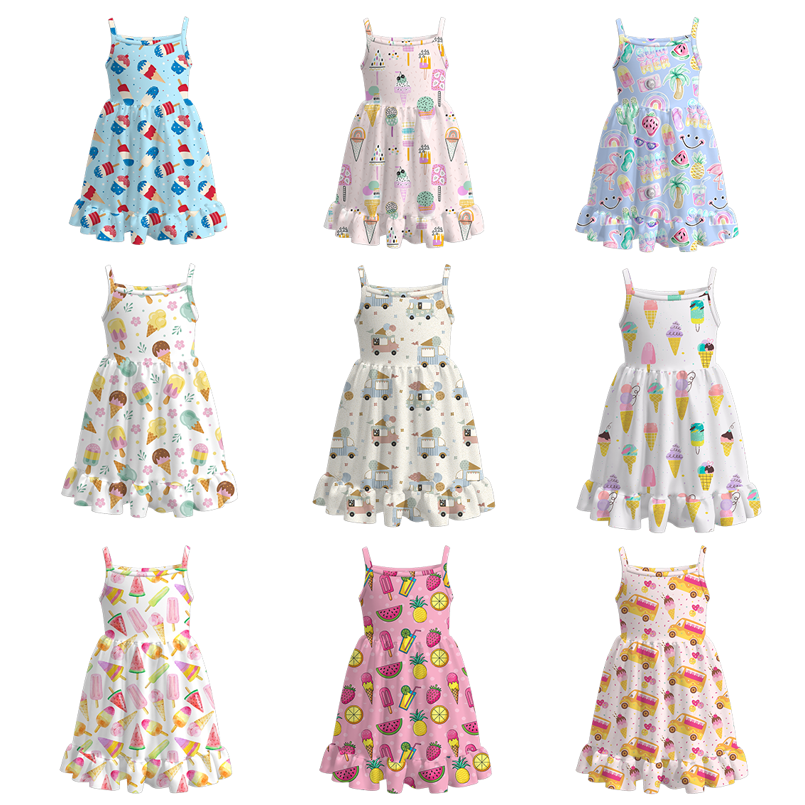 （Pre Order）Summer Girls' Watermelon and Ice Cream Print Strappy Dress