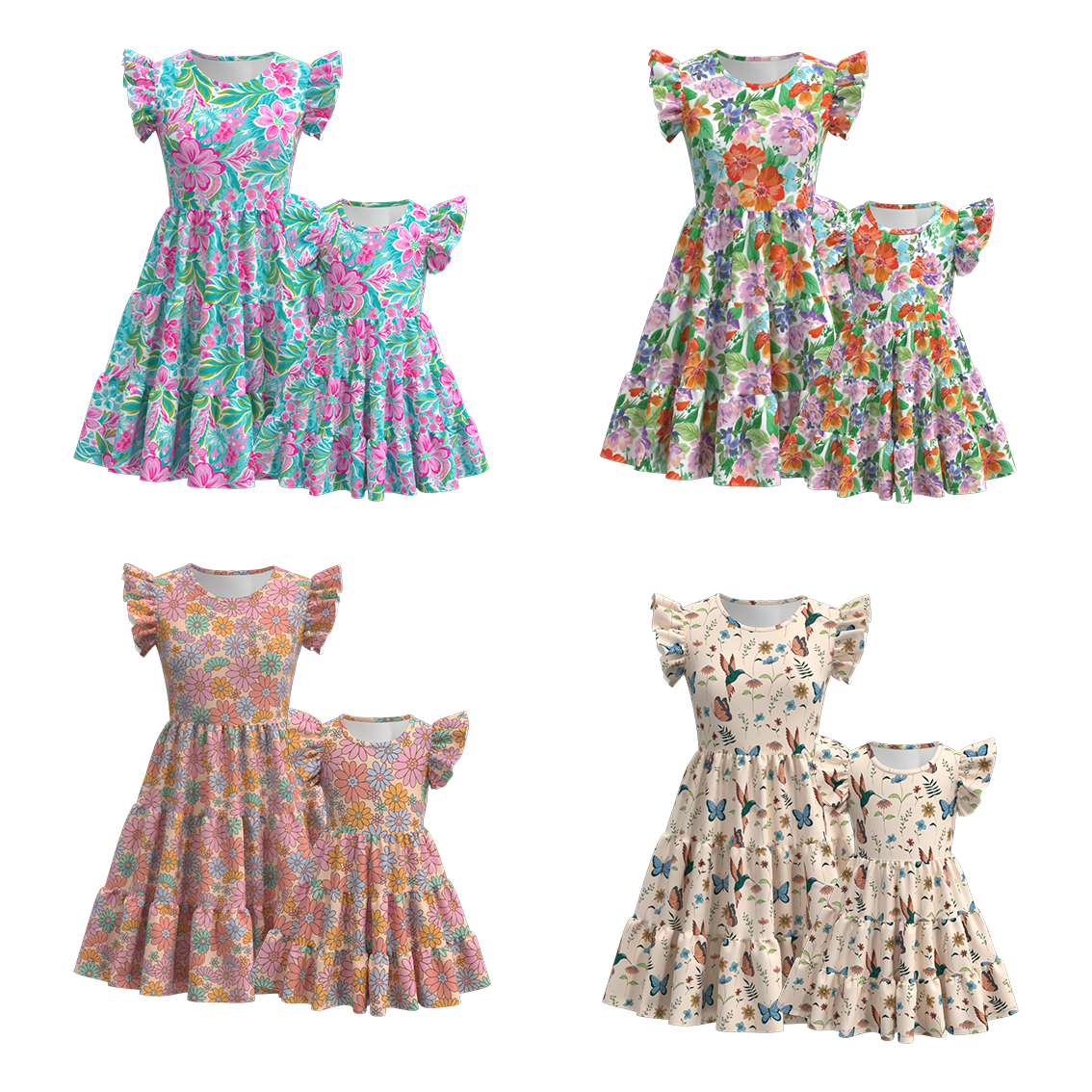 （Pre Order）Summer Floral Print Mommy and Me Ruffled Dress