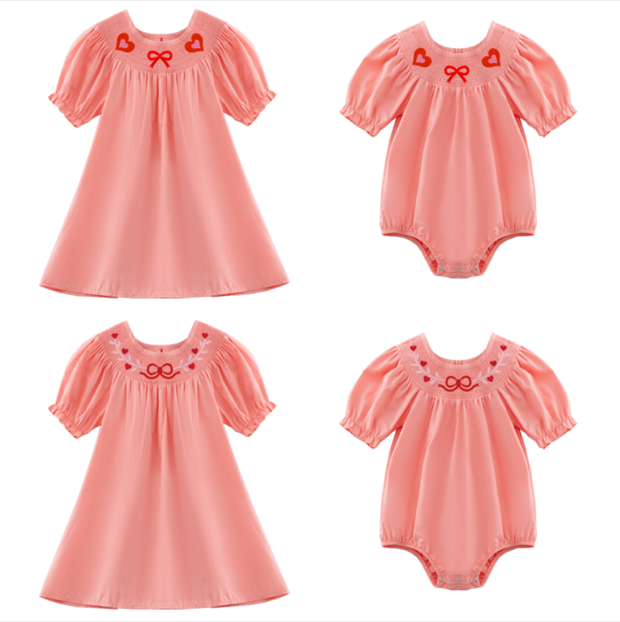 （Pre Order）Girls Valentine's Day Embroidery Smocked Dress and Romper