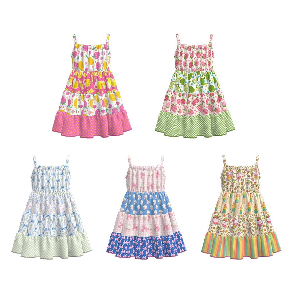 （Pre Order）Girls Spring and Summer Fruit＆Bow Print Slip Dress