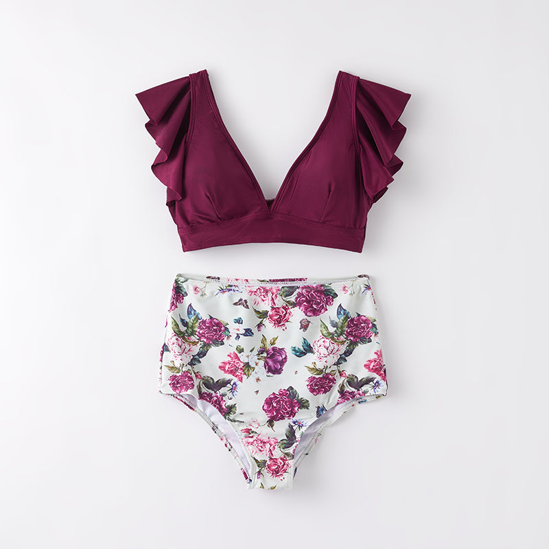 （In Stock）Adults Summer Fuchsia Rose Print Swimsuit