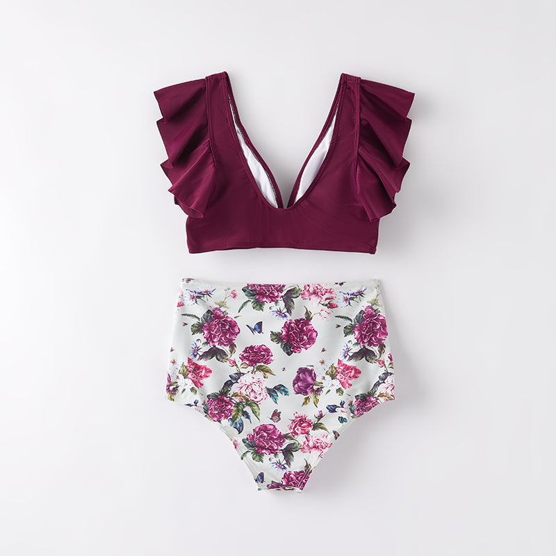 （In Stock）Adults Summer Fuchsia Rose Print Swimsuit