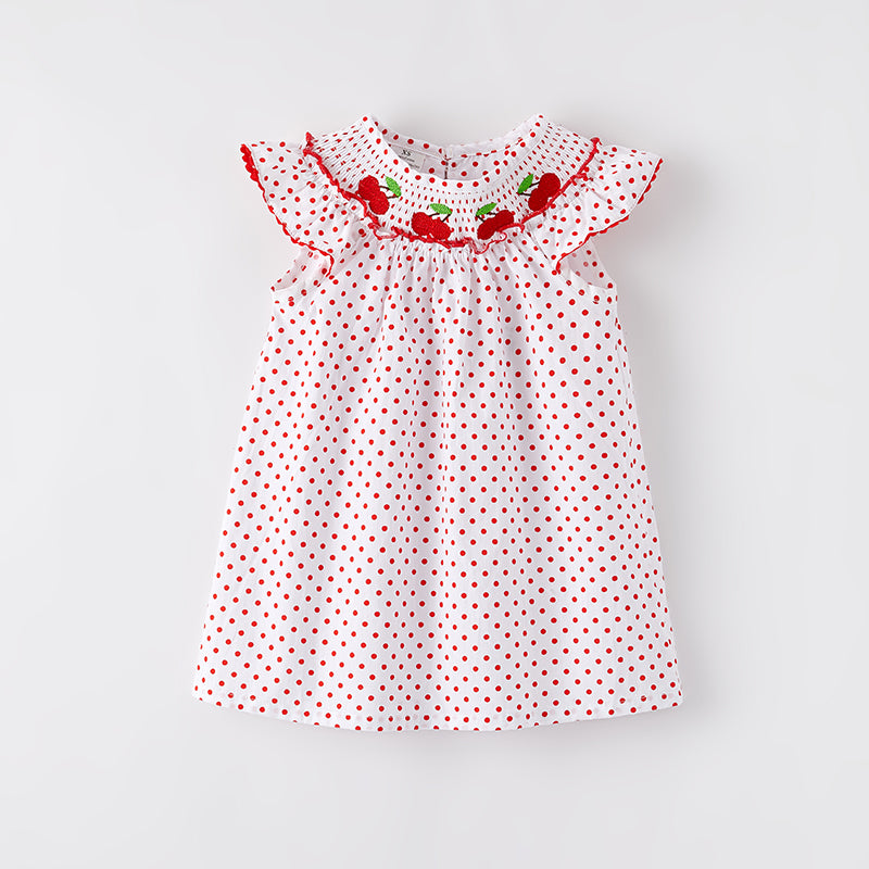 （In Stock）Girls Spring and Summer Cherry Embroidery Smocked Dress