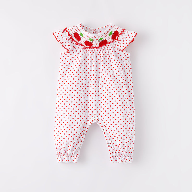 （In Stock）Toddler Girls Spring and Summer Cherry Embroidery Smocked Romper