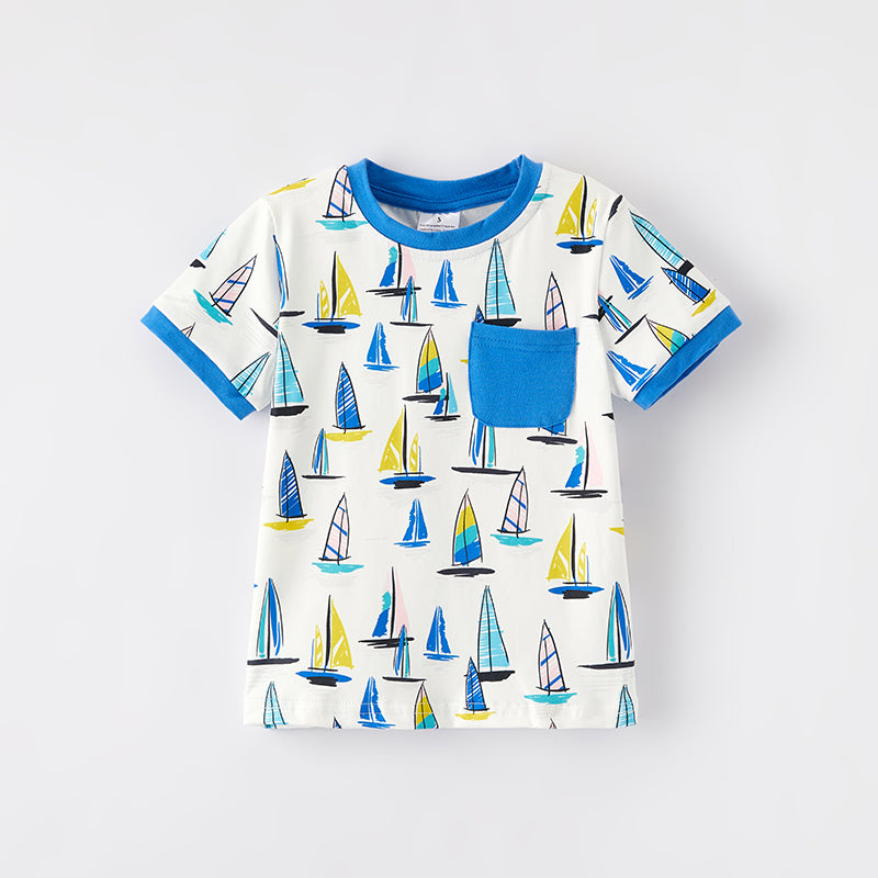 （In Stock）Boys Spring and Summer Sailboat Print Top