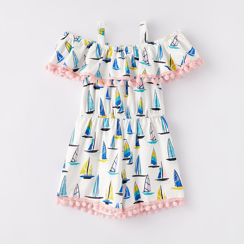 （In Stock）Girls Spring and Summer Sailboat Print Jumpsuit