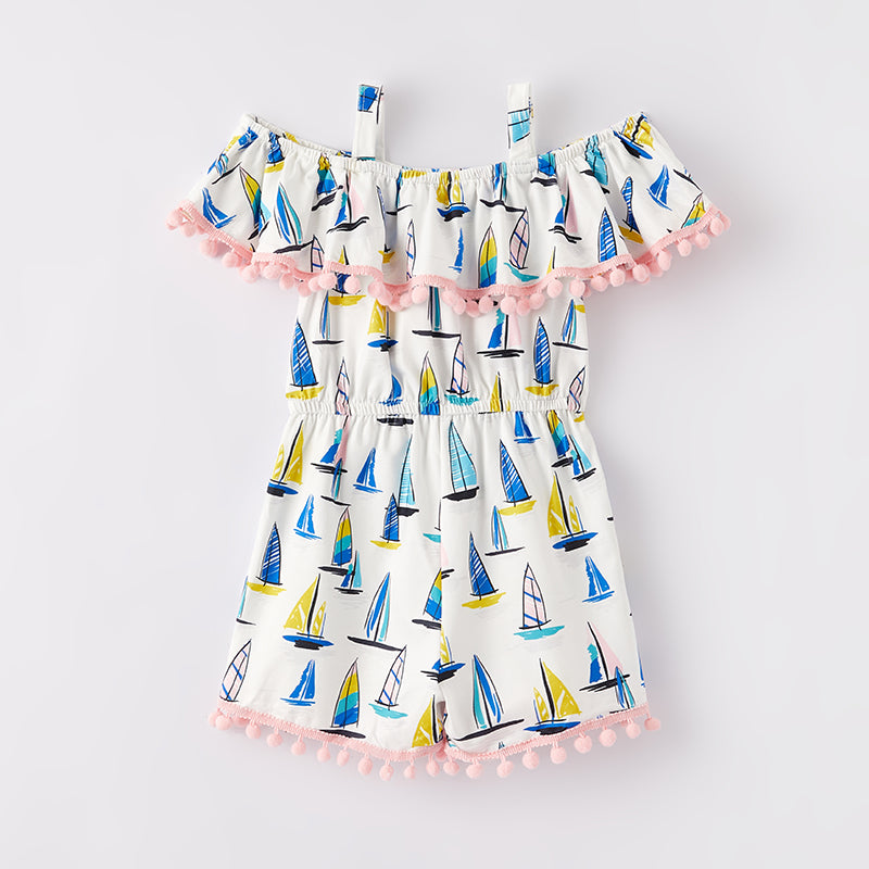 （In Stock）Girls Spring and Summer Sailboat Print Jumpsuit