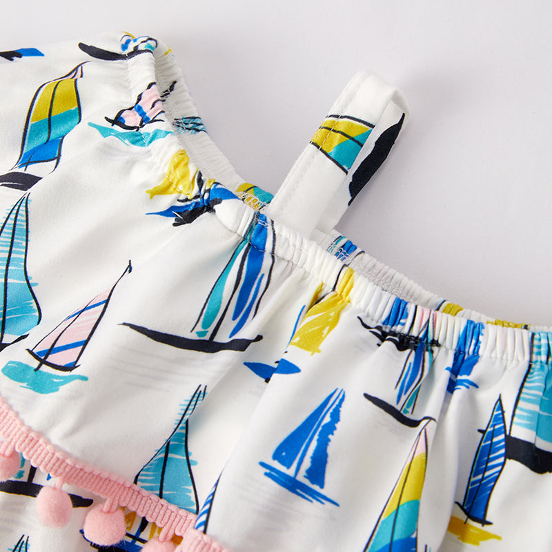 （In Stock）Girls Spring and Summer Sailboat Print Jumpsuit