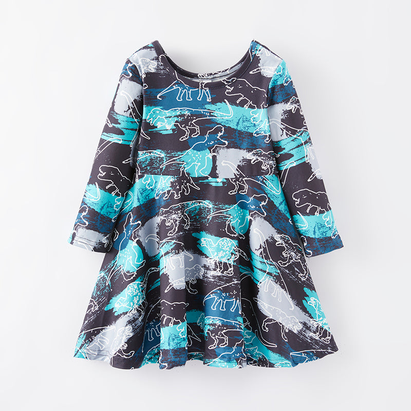 （In Stock E2-5-1）Girls Fall Dinosaur Print Dress