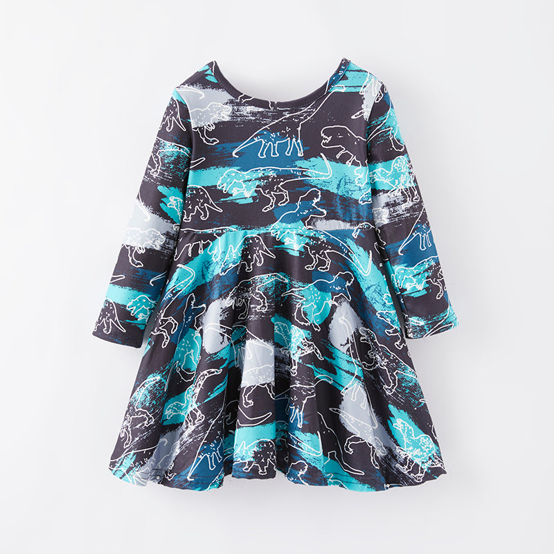 （In Stock E2-5-1）Girls Fall Dinosaur Print Dress