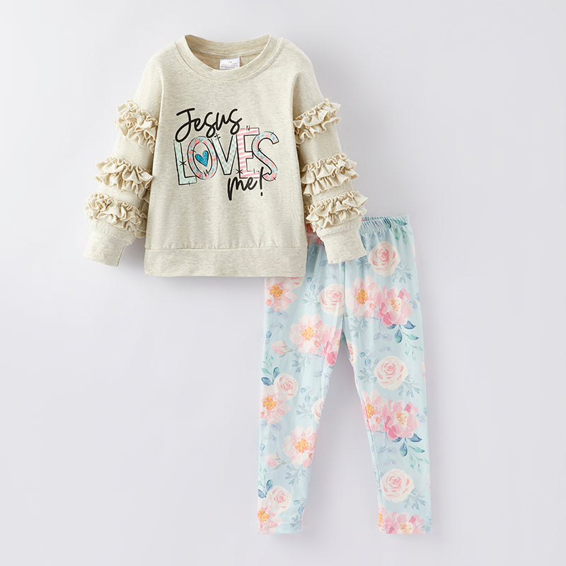 （In Stock E7-2-1）Girls Fall Jesus LOVES Me Print Outfit Set