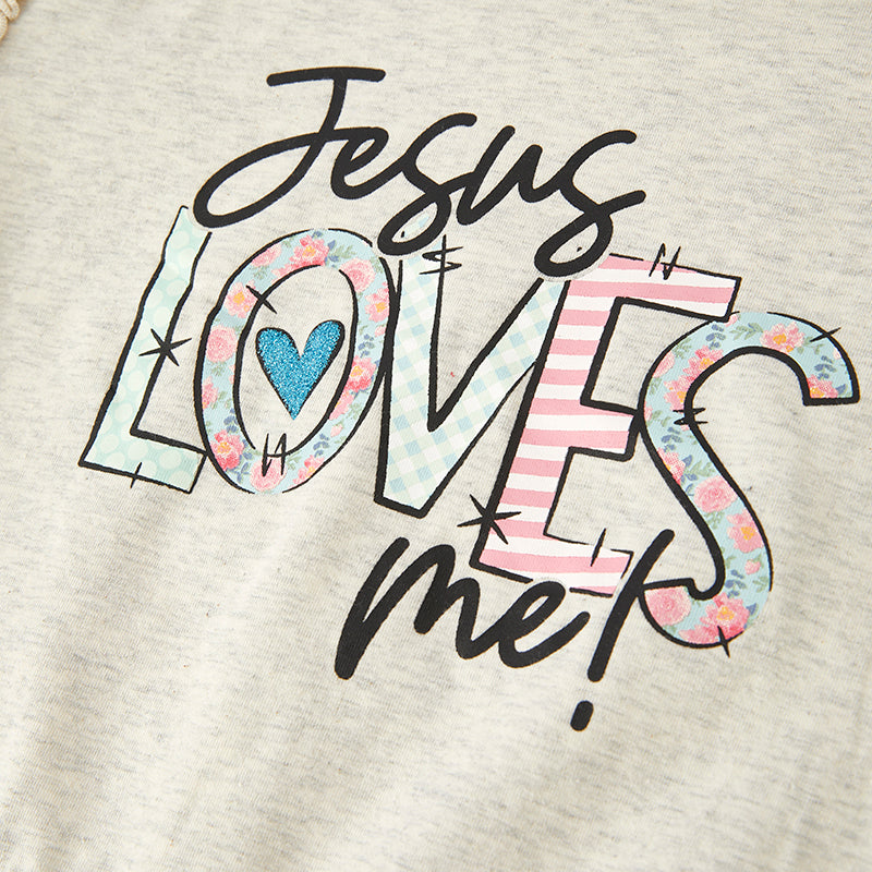 （In Stock E7-2-1）Girls Fall Jesus LOVES Me Print Outfit Set