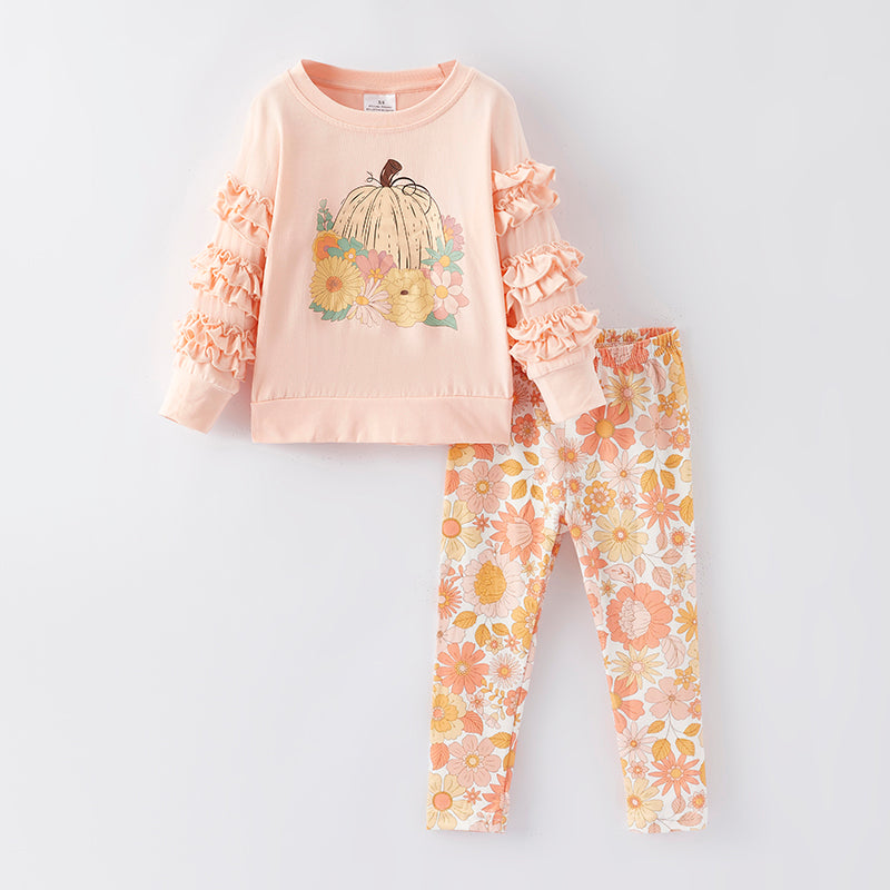 （In Stock E7-2-1）Girls Fall Pumpkin Print Outfit Set