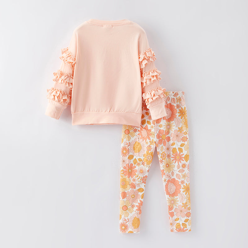 （In Stock E7-2-1）Girls Fall Pumpkin Print Outfit Set