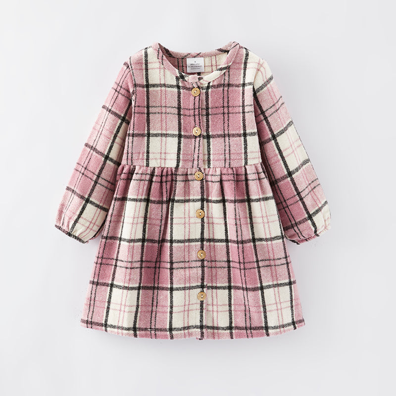 （In Stock E2-4-2）Girls Fall Pink Plaid Dress