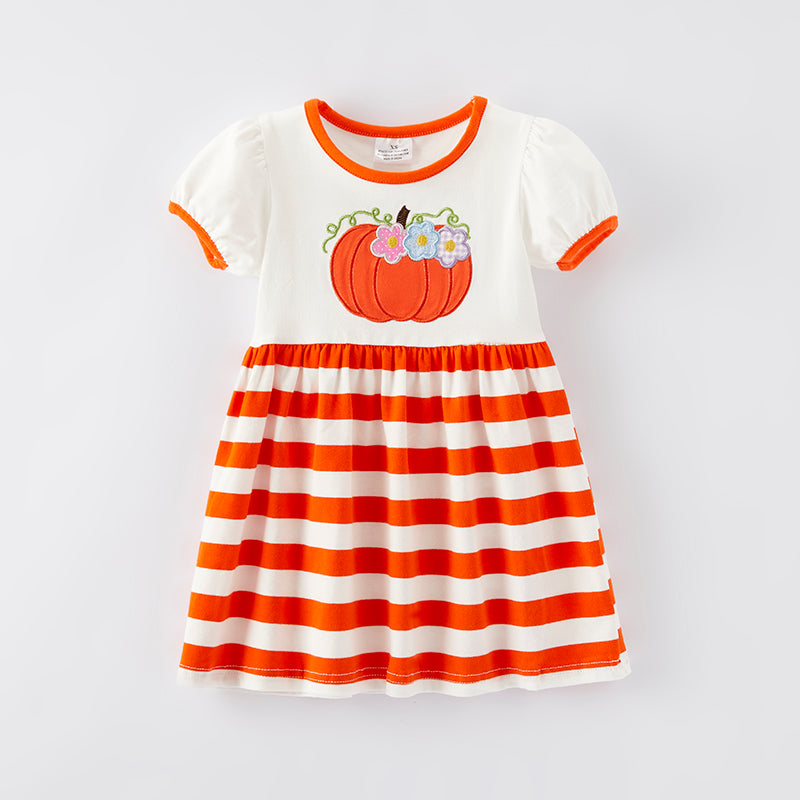 （In Stock G19-3-1）Girls Thanksgiving Pumpkin Applique Dress