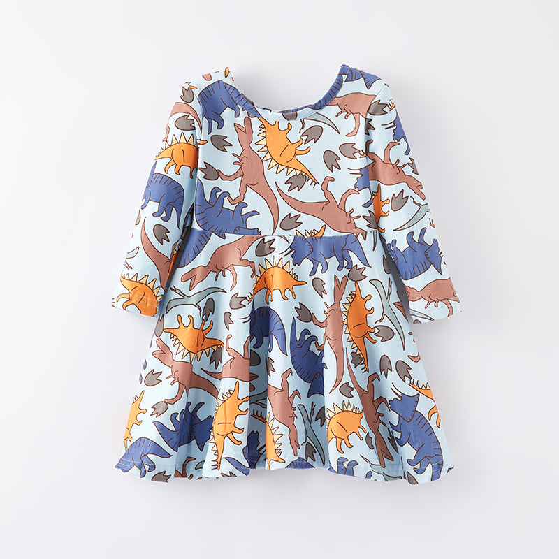 （In Stock E3-5-1）Girls Fall Dinosaur Print Dress