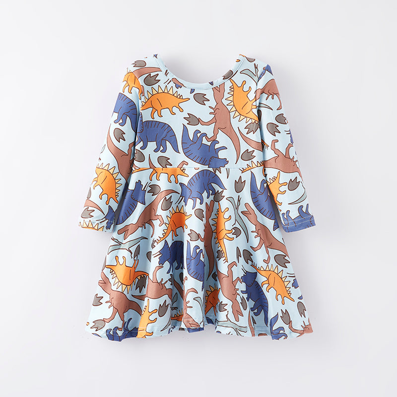 （In Stock E3-5-1）Girls Fall Dinosaur Print Dress