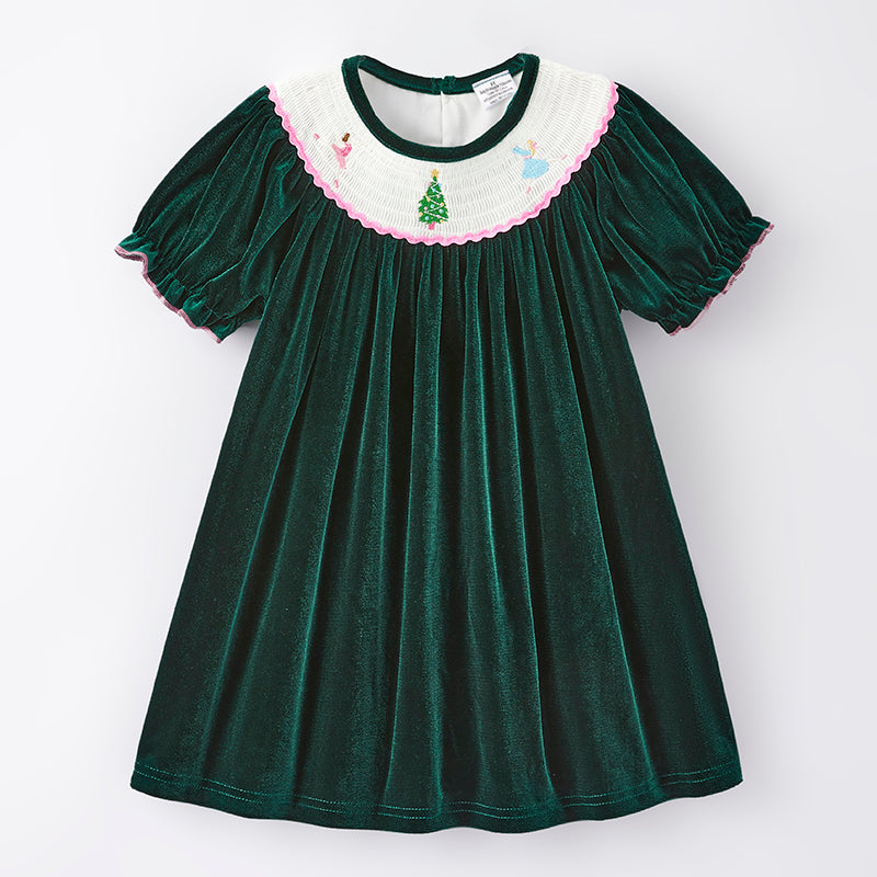 （In Stock E25-4-2）Girls Christmas Embroidery Green Velvet Smocked Dress