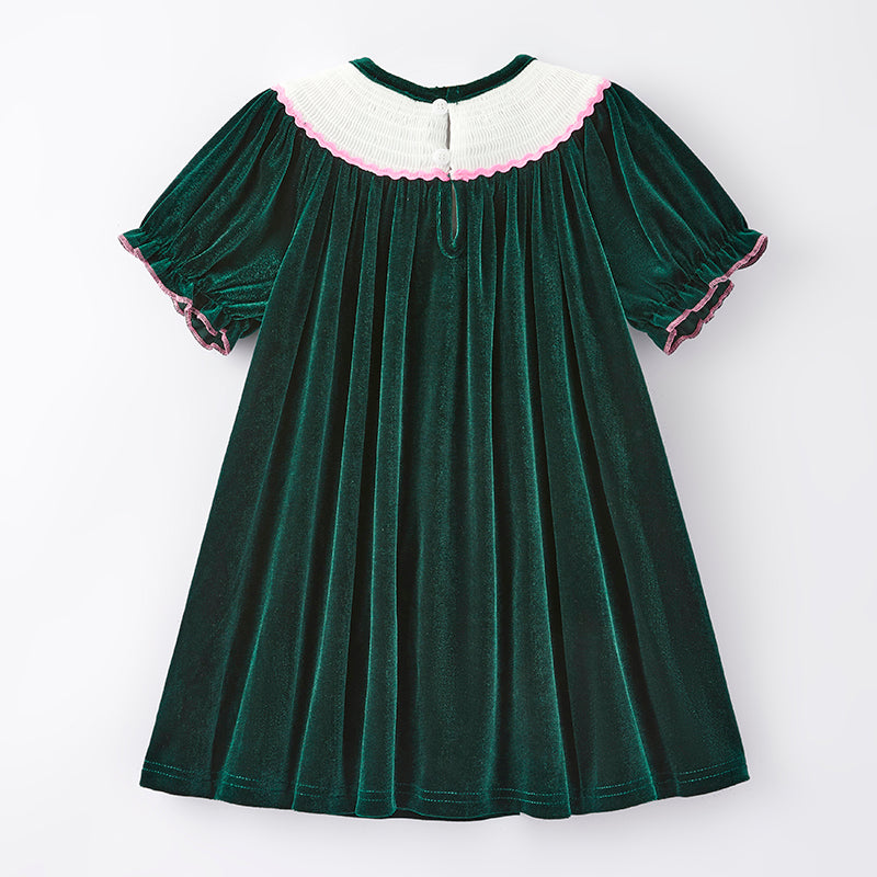 （In Stock E25-4-2）Girls Christmas Embroidery Green Velvet Smocked Dress