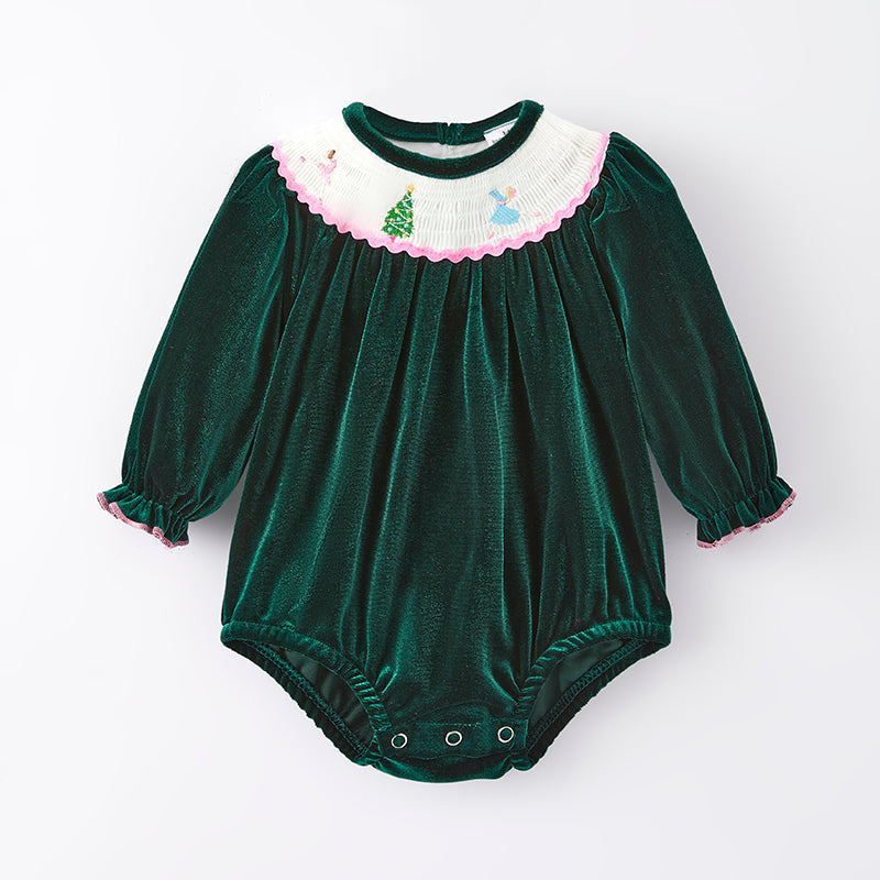 （In Stock E27-3-1）Baby Girls Christmas Embroidery Green Velvet Smocked Romper