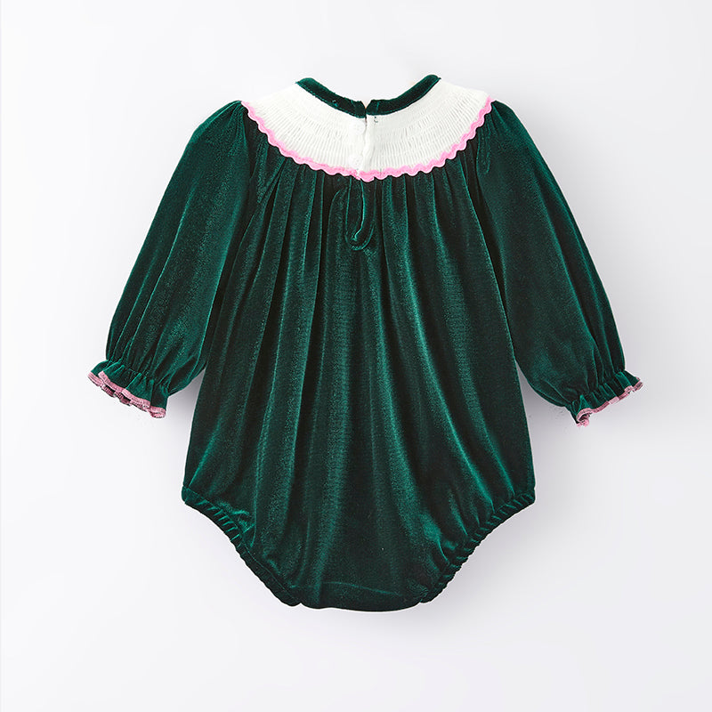 （In Stock E27-3-1）Baby Girls Christmas Embroidery Green Velvet Smocked Romper