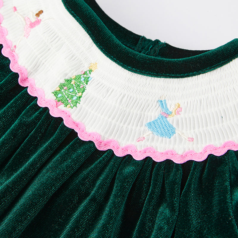 （In Stock E27-3-1）Baby Girls Christmas Embroidery Green Velvet Smocked Romper