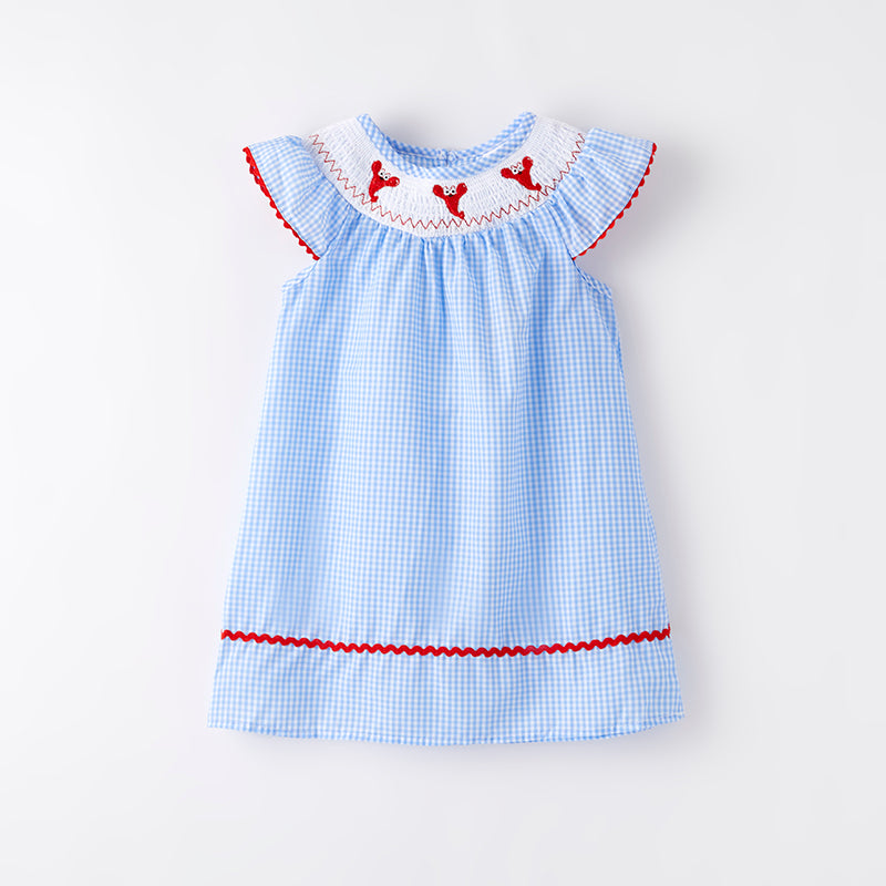 （In Stock）Girls Spring and Summer Lobster Embroidery Smocked Dress