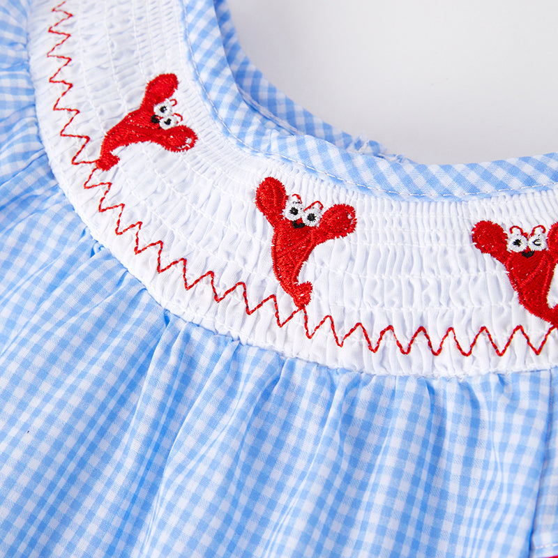 （In Stock）Girls Spring and Summer Lobster Embroidery Smocked Dress