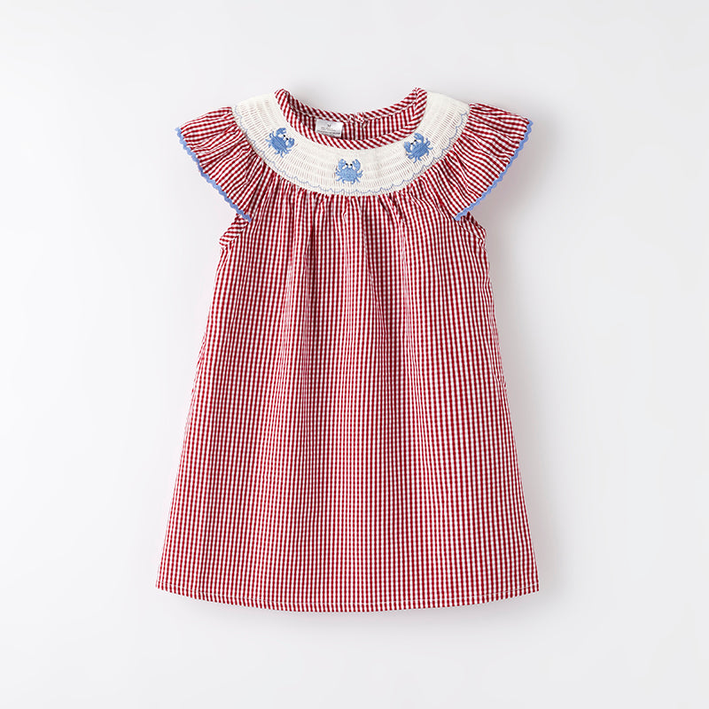 （In Stock）Girls Spring and Summer Crab Embroidery Smocked Dress