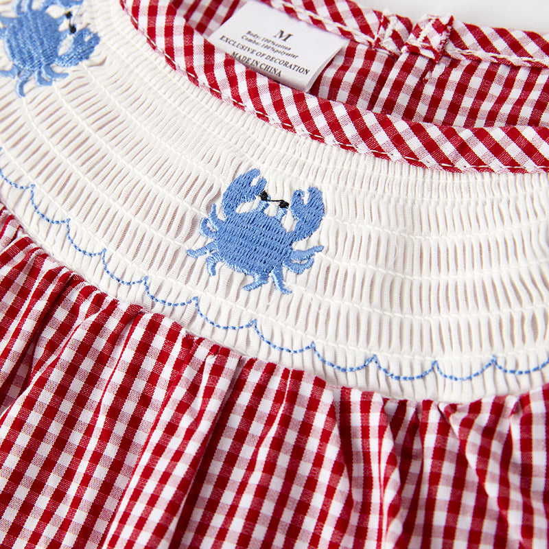 （In Stock）Girls Spring and Summer Crab Embroidery Smocked Dress