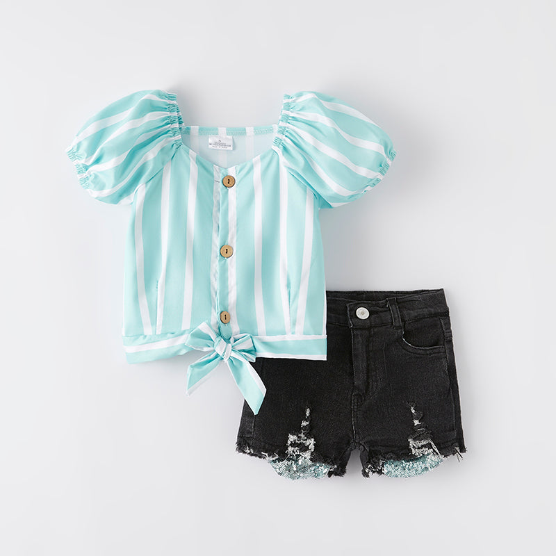 （In Stock）Girls Spring and Summer Mint Stripe Denim Set