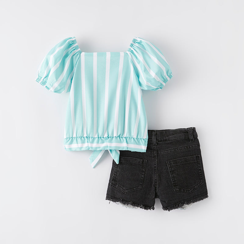 （In Stock）Girls Spring and Summer Mint Stripe Denim Set