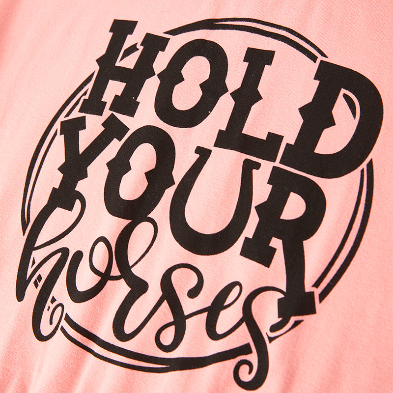 （In Stock E28-4-3）Girls Fall Hold Your Horses Print Cotton Top