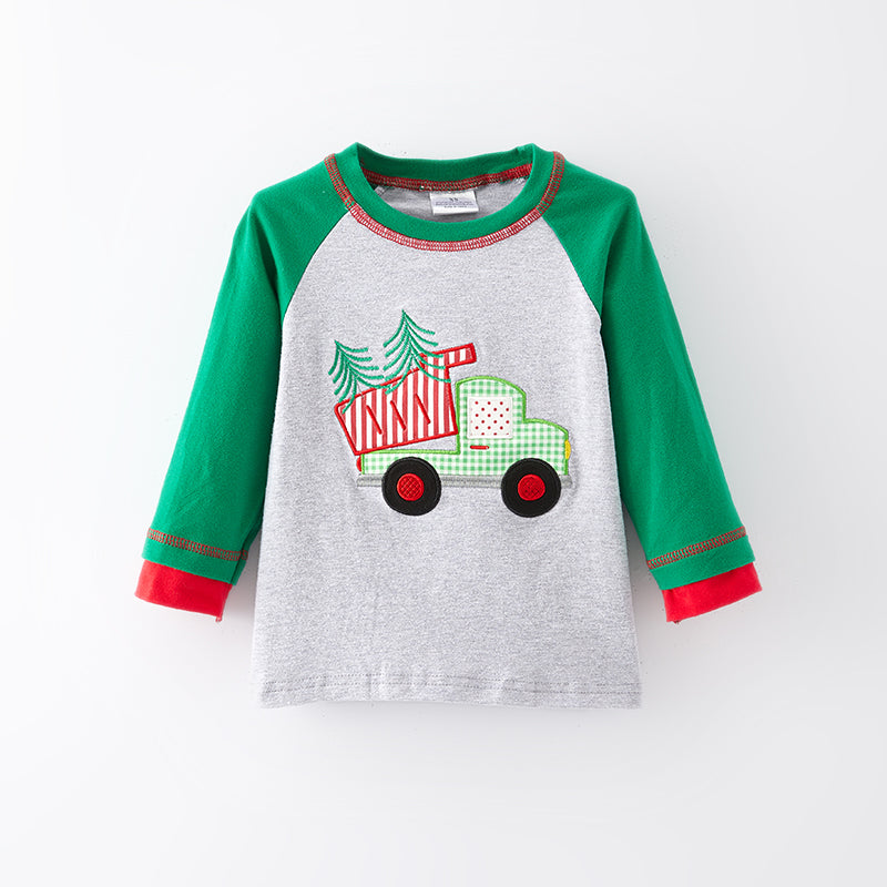 （In Stock L8-2-2）Boys Christmas Applique Cotton Top