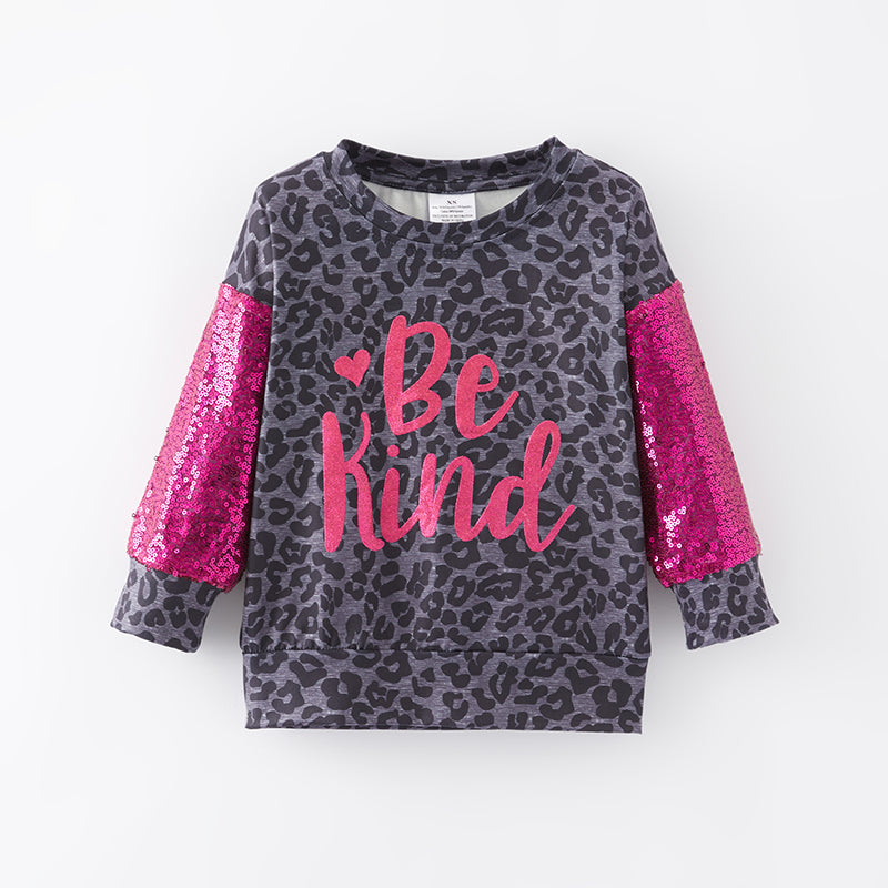 （In Stock E28-3-3）Girls Fall Be Kind Print Leopard Top