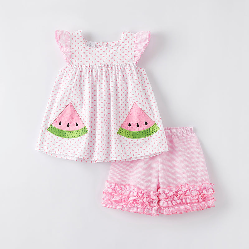 （In Stock）Girls Spring and Summer Watermelon Applique Cotton Shorts Set