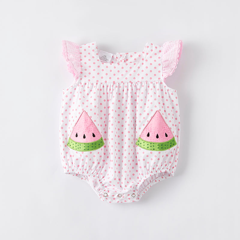 （In Stock）Toddler Girls Spring and Summer Watermelon Applique Cotton Romper