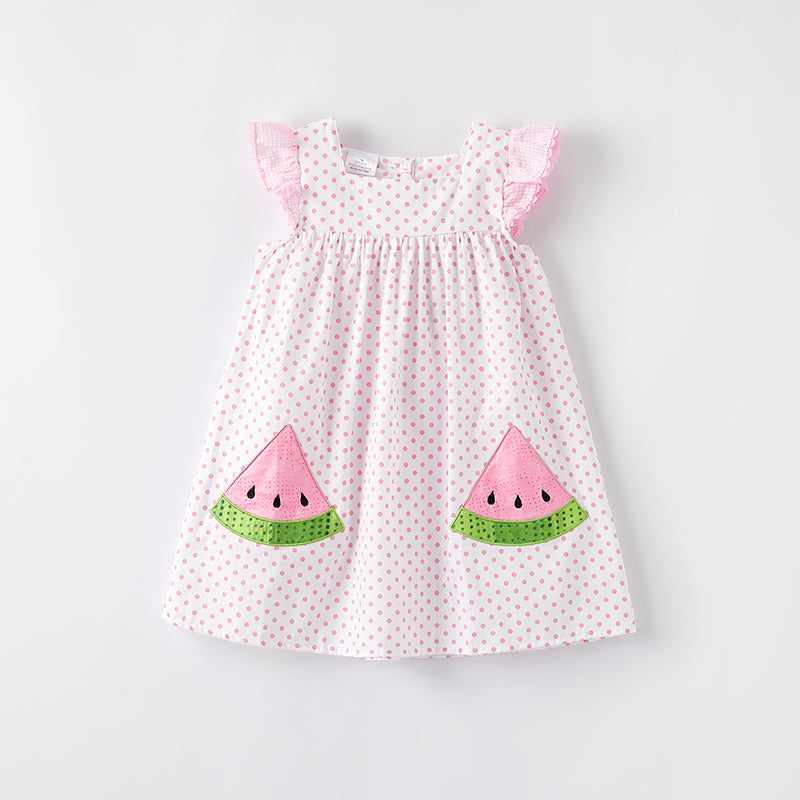 （In Stock）Girls Spring and Summer Watermelon Applique Cotton Dress