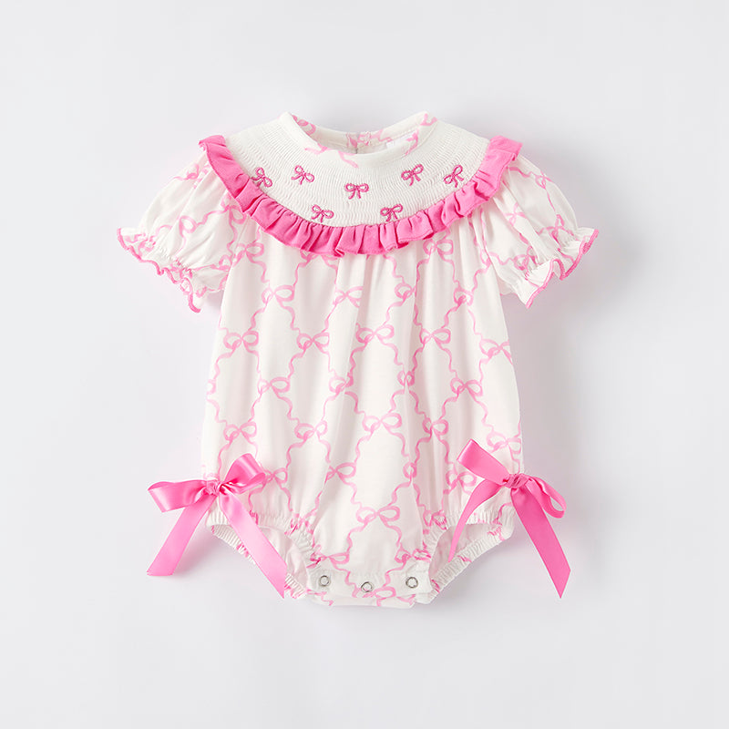 （In Stock）Toddler Girls Spring and Summer Bow Embroidery Smocked Romper