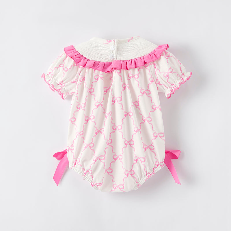 （In Stock）Toddler Girls Spring and Summer Bow Embroidery Smocked Romper