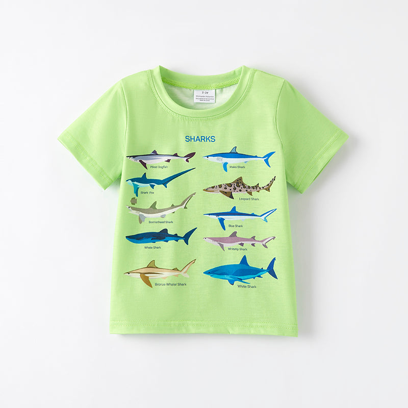 （In Stock）Boys Spring and Summer Shark Print Green Top