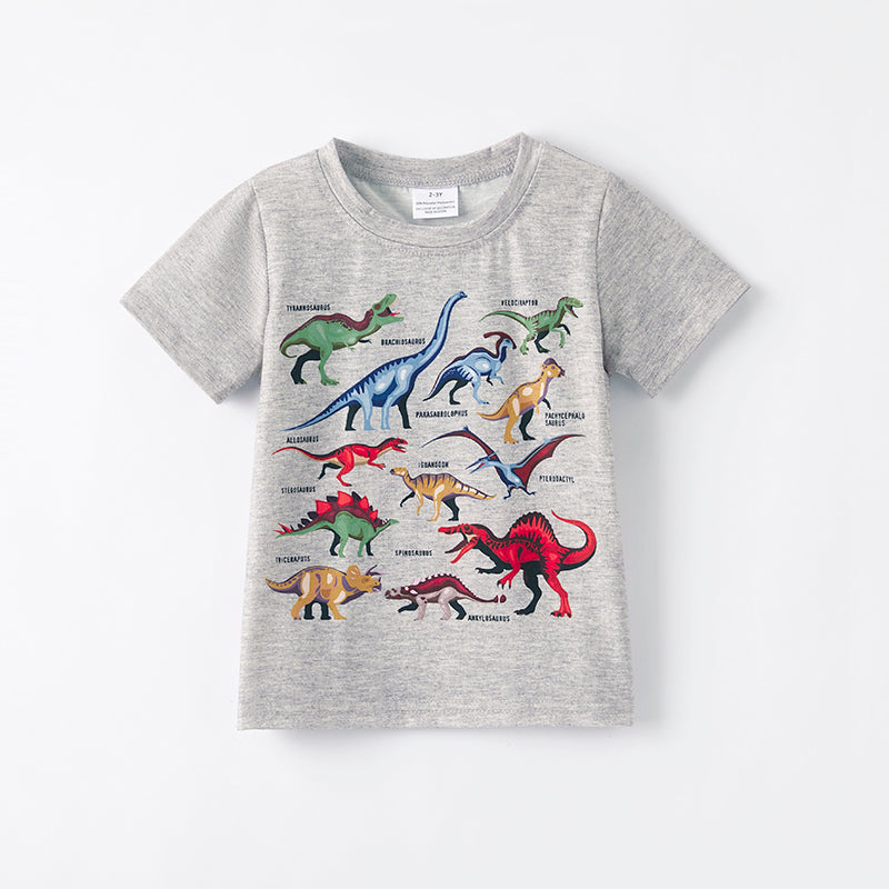 （In Stock）Boys Spring and Summer Dinosaur Print Grey Top