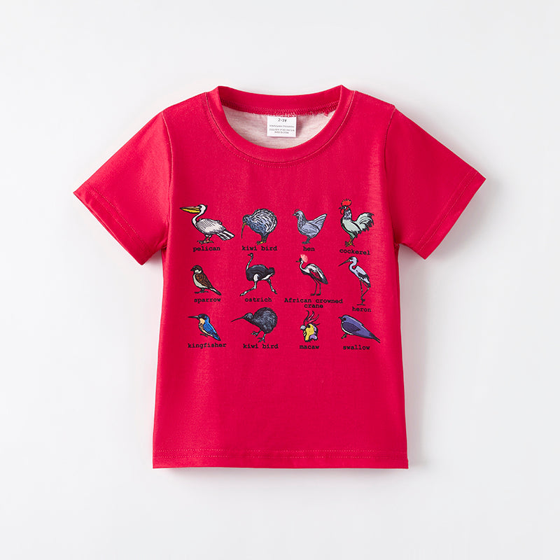 （In Stock）Boys Spring and Summer Bird Print Red Top