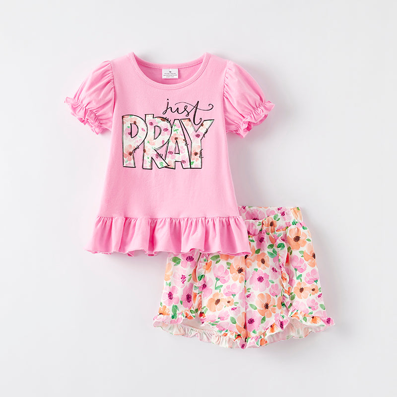 （In Stock）One Pack(6 Pieces total) Sale Girls Spring and Summer Just Pray Print Shorts Set